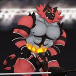  1:1 anthro big_penis bodily_fluids clothing clothing_aside dripping felid feline fighting_ring fire genital_fluids genitals hi_res incineroar looking_at_viewer male mammal muscular muscular_male nintendo penis pok&eacute;mon pok&eacute;mon_(species) precum precum_drip solo sweat thick_thighs video_games zieis 