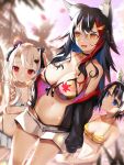  3girls :d absurdres animal_ears bangs bell bikini bikini_shorts bikini_skirt black_bow black_choker black_hair black_jacket blue_bikini blue_bow blue_eyes blue_skirt blush bow breasts choker coconut_tree frills hair_between_eyes hair_bow hair_ornament hairclip headpat hiding hiding_behind_another highres holding_hands hololive horns jacket jingle_bell large_breasts leaf_print lens_flare long_hair long_sleeves looking_at_another looking_at_viewer medium_breasts motherly multicolored_hair multiple_girls nakiri_ayame navel nidaime_(doronbo) oni oni_horns ookami_mio oozora_subaru open_clothes open_jacket palm_tree polka_dot print_bikini red_eyes red_hair short_hair short_shorts shorts silver_hair skirt small_breasts smile streaked_hair striped striped_bikini sunlight swimsuit tree twintails white_bikini white_shorts wolf_ears wolf_girl yellow_bikini yellow_eyes younger 