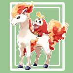  bright_pupils brown_eyes closed_mouth commentary_request fire framed from_side fuecoco green_background marineshake no_humans outline pokemon pokemon_(creature) ponyta riding riding_pokemon smile white_pupils 