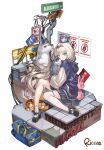  1girl an-94_(girls&#039;_frontline) animal_ears animal_hug animal_on_head artist_request asymmetrical_legwear bag bangs bird black_footwear black_skirt blonde_hair blush braid braided_ponytail bunny cat_ears caution_tape character_name closed_mouth dog_tags duffel_bag english_text full_body girls&#039;_frontline green_eyes headband high_heels highres hood hood_down keep_calm_and_carry_on korean_commentary long_hair long_sleeves looking_at_viewer mismatched_legwear on_head pipes poster_(object) radio_antenna riccae road_sign sign simple_background single_sock single_thighhigh sitting skirt socks solo stairs thighhighs very_long_hair warning_sign white_background white_legwear 