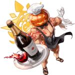  1boy alcohol apron bara bare_pectorals bottle bow bowtie carter_(gyee) chef_hat covered_abs cup drinking_glass fundoshi gloves gyee hat japanese_clothes male_focus male_underwear manly mask muscular muscular_male nipples official_art pectorals plate pumpkin sandals solo tattoo thick_arms thick_thighs thighs underwear wine wine_bottle wine_glass 