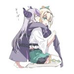  2girls blonde_hair coat commentary green_eyes green_skirt hana_mori height_difference highres hololive horns kazama_iroha la+_darknesss leaf leaf_on_head multicolored_hair multiple_girls open_mouth pointy_ears purple_coat purple_hair seiza shirt silver_hair sitting skirt sleeves_past_fingers sleeves_past_wrists streaked_hair thighhighs virtual_youtuber white_legwear white_shirt 