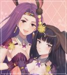  2girls animal_ears black_hair breasts brown_eyes cleavage earrings fake_animal_ears fire_emblem fire_emblem_awakening fire_emblem_echoes:_shadows_of_valentia fire_emblem_heroes flower grey_eyes hair_flower hair_ornament highres holding_hands jewelry large_breasts lilshironeko long_hair looking_at_viewer multiple_girls official_alternate_costume open_mouth purple_hair rabbit_ears sonya_(fire_emblem) teeth tharja_(fire_emblem) upper_body upper_teeth 