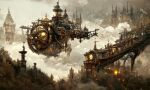  aircraft airship architecture chinese_commentary city city_lights commentary_request doublecats fantasy flying lights no_humans original outdoors retro_artstyle scenery science_fiction steam steampunk tower tree 