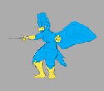  anthro avian axentooth beak bird blue_body blue_feathers breasts crouching feathers featureless_breasts featureless_crotch featureless_feet female heterochromia hi_res holding_object holding_weapon servia_(axentooth) solo spread_wings weapon wings 