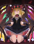  1girl :q alternate_color black_gloves bow bowtie crystal detached_collar falken_(yutozin) flandre_scarlet full_body gloves hair_between_eyes hat highres kneeling lifted_by_self long_hair looking_at_viewer mob_cap one_side_up red_bow red_bowtie red_eyes solo tongue tongue_out touhou wings 