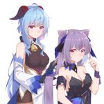  2girls ahoge arm_ribbon bell black_dress black_gloves blue_hair bodysuit breasts brushing_another&#039;s_hair cleavage comb cowbell detached_collar detached_sleeves diamond-shaped_pupils diamond_(shape) dress ganyu_(genshin_impact) genshin_impact gloves goat_horns hair_cones hair_ribbon hand_up highres holding holding_another&#039;s_hair holding_comb horns ironmarch keqing_(genshin_impact) keqing_(opulent_splendor)_(genshin_impact) light_smile long_hair medium_breasts multiple_girls pantyhose pearl_hair_ornament purple_dress purple_eyes purple_hair purple_nails ribbon symbol-shaped_pupils thighband_pantyhose twintails two-tone_dress white_background wide_sleeves wrist_ribbon 
