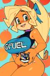  1girl alternate_breast_size animal_nose blonde_hair blue_bow body_fur bow breasts choker coco_bandicoot crash_bandicoot_(series) furry furry_female gfuel green_eyes hair_bow holding invisible_chair large_breasts long_hair orange_fur ponytail product_placement purple_choker race_queen sitting smile solo teeth two-tone_fur two-tone_leotard upper_teeth wamudraws 