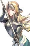  1girl armor blonde_hair breastplate brown_eyes brown_gloves cape capelet fire_emblem fire_emblem_echoes:_shadows_of_valentia gloves helm helmet highres holding holding_polearm holding_weapon long_hair looking_at_viewer mathilda_(fire_emblem) polearm shoulder_armor solo weapon white_background yukimiyuki 