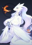  2022 anthro anthrofied blue_eyes blush breasts claws dragon female fire hi_res legendary_pok&eacute;mon looking_at_viewer navel nintendo pok&eacute;mon pok&eacute;mon_(species) reshiram simple_background solo video_games whooo-ya 