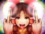  1girl bangs benikurage_(cookie) blush bow brown_eyes brown_hair commentary_request cookie_(touhou) double_middle_finger dress face fangs frilled_hair_tubes frills hair_bow hair_tubes hakurei_reimu khn_(kihana) looking_at_viewer medium_hair open_mouth orange_scarf parted_bangs red_bow red_dress scarf sleeveless sleeveless_dress slit_pupils smile solo tongue tongue_out touhou yellow_scarf 