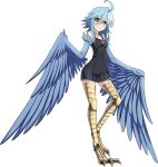  1girl ahoge artist_request bangs bare_shoulders bird_legs black_dress blue_hair blue_wings blush breasts dress feathered_wings feathers hair_between_eyes harpy medium_hair monster_girl monster_musume_no_iru_nichijou monster_musume_no_iru_nichijou_online official_alternate_costume official_art papi_(monster_musume) sidelocks small_breasts smile solo talons thighhighs transparent_background winged_arms wings yellow_eyes zettai_ryouiki 