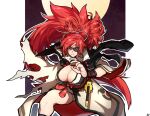  1girl armor babo baiken breasts cape cleavage english_commentary facial_tattoo feet_out_of_frame fighting_stance full_moon guilty_gear guilty_gear_strive guilty_gear_xrd huge_breasts japanese_armor katana kote looking_at_viewer moon one-eyed outline samurai scar scar_across_eye sheath sheathed solo sword tattoo torn_sleeve weapon 