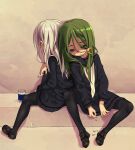  2girls black_footwear black_legwear black_serafuku black_skirt cigarette depressed green_eyes green_hair harukaze_unipo highres holding holding_cigarette kantai_collection kikuzuki_(kancolle) long_hair long_sleeves messy_hair multiple_girls nagatsuki_(kancolle) neckerchief on_floor pleated_skirt school_uniform serafuku shaded_face skirt thighhighs white_hair white_neckerchief 