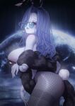  1girl alternate_breast_size animal_ears ass bespectacled blue_eyes blue_hair blue_skin breasts cleavage colored_skin commentary_request doll_joints elden_ring extra_arms fake_animal_ears fishnet_legwear fishnets full_body glasses grey_legwear hair_over_one_eye highres joints large_breasts long_hair looking_at_viewer pantyhose playboy_bunny rabbit_ears rabbit_tail ranni_the_witch rhasta solo standing sunglasses tail 