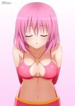  1girl absurdres arms_behind_back bikini breasts cleavage closed_eyes collarbone eyebrows_visible_through_hair highres hip_strap kiss momo_velia_deviluke navel pink_hair simple_background solo solo_focus swimsuit to_love-ru to_love-ru_darkness white_background zel-sama 