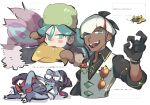  1boy 1girl bangs black_gloves black_shirt blush_stickers bright_pupils brown_mittens collared_shirt commentary_request dark-skinned_male dark_skin earrings eyewear_hang eyewear_removed flower fur_hat giratina gloves green_eyes green_hair green_headwear grey_jacket hat headband highres hisuian_braviary jacket jewelry licking long_hair official_alternate_costume open_mouth pokemon pokemon_(creature) pokemon_(game) pokemon_legends:_arceus pokemon_masters_ex raihan_(pokemon) red_flower sabi_(pokemon) saliva shirt sneasler sunglasses teeth tirarizun tongue tongue_out vest weavile white_headband white_pupils white_vest 