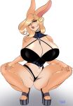  anthro big_breasts breasts cleavage clothed clothing crouching ear_piercing ear_ring female hi_res huge_breasts lagomorph leporid lips luvon mammal panties piercing rabbit solo spread_legs spreading underwear 