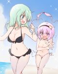  2girls :d aqua_eyes bangs bare_shoulders beach bikini bikini_top_removed black_bikini black_hairband blue_sky blush breasts cleavage clothes_theft cloud covering covering_breasts day embarrassed eyebrows_visible_through_hair frilled_bikini frills front-tie_bikini front-tie_top groin hair_between_eyes hair_ornament hairband heart heart_hair_ornament komeiji_koishi komeiji_satori light_green_hair looking_at_another medium_hair multiple_girls navel no_hat no_headwear nose_blush ocean one_eye_closed open_mouth outdoors outstretched_arm pink_bikini pink_eyes pink_hair running shiny shiny_hair short_hair siblings side-tie_bikini sisters sky smile sparkle suwa_yasai swimsuit theft thighs topless touhou untied untied_bikini v-shaped_eyebrows water 