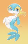  ambiguous_gender azre biped blue_body blue_eyes feral frown hi_res jewelry leaf_tail looking_at_viewer necklace nintendo pok&eacute;mon pok&eacute;mon_(species) signature simple_background snivy video_games white_body yellow_background yellow_body 
