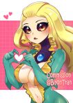  1girl bangs biyon_tran black_sclera blonde_hair blush breasts brown_eyes colored_sclera colored_skin commission gem green_skin hands_up heart large_breasts league_of_legends long_hair looking_at_viewer mermaid monster_girl nami_(league_of_legends) navel open_mouth pink_background shiny shiny_hair shiny_skin smile solo upper_body vastaya watermark white_background 