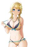  1girl absurdres bare_shoulders bikini bikini_pull blonde_hair blue_eyes blush bracelet breasts cleavage clothes_pull dripping hachimiya_meguru highres idolmaster idolmaster_shiny_colors jewelry large_breasts looking_at_viewer navel necklace solo strap_pull swimsuit tennen_inari wet 