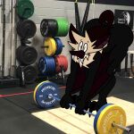  1:1 3_toes anthro barbell big_butt black_body brown_body brown_fur butt chiropteran claws english_text exercise fangs feet fur gym hi_res looking_at_viewer male mammal photo_background solo spanklet spanklet_chocoa text thick_thighs toes weightlifting weights wings workout 