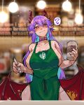  1girl ? absurdres apron bangs barista blue_hair blush breasts bright_pupils brown_eyes closed_mouth coffee_cup collar collarbone colored_inner_hair commentary contrapposto cowboy_shot cross cross_earrings cup demon_girl demon_horns demon_wings diforland disposable_cup drop_earrings ear_piercing earrings english_commentary english_text eyebrows_visible_through_hair eyes_visible_through_hair green_apron hair_between_eyes hair_ornament hairclip heart_o-ring highres holding holding_cup holding_marker horns iced_latte_with_breast_milk_(meme) indoors jewelry large_breasts long_hair looking_at_viewer low_wings marker meme mismatched_earrings multicolored_hair multiple_earrings multiple_horns naked_apron original piercing pointy_ears purple_hair raised_eyebrow red_collar red_horns red_nails red_wings shiny shiny_hair shiny_skin sideboob sidelocks smile solo speech_bubble spoken_question_mark standing starbucks torn_wings two-tone_hair wings 