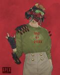  1boy absurdres apex_legends black_gloves ching_yeh copyright_name fingerless_gloves gas_mask gloves green_shirt hand_in_pocket helmet highres looking_at_viewer male_focus mask octane_(apex_legends) red_background shirt solo standing sweatshirt tinted_eyewear 