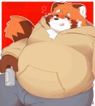  2022 ailurid anthro belly big_belly blush bottomwear brown_body can clothing container hi_res hoodie kemono male mammal orange_body overweight overweight_male pants red_panda shibuya_2810 solo tongue tongue_out topwear 