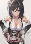  1girl absurdres animal_ears apron bare_shoulders black_hair black_hairband black_legwear blue_eyes blush breasts choker cleavage closed_mouth collarbone commentary_request corset cosplay detached_sleeves eishin_flash_(umamusume) eishin_flash_(umamusume)_(cosplay) eyebrows_visible_through_hair eyes_visible_through_hair fake_animal_ears fake_tail frilled_apron frilled_skirt frills hair_ornament hair_over_one_eye hairband hairclip hands_on_hips highres horse_ears horse_girl horse_tail large_breasts long_sleeves miniskirt red_choker short_hair skirt smile striped striped_skirt sweat tail taki_rentaro thighhighs two-tone_skirt umamusume vertical-striped_skirt vertical_stripes waist_apron white_apron zettai_ryouiki 