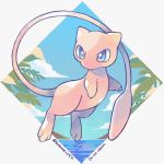  blue_eyes border cloud commentary_request day full_body highres kotone11152 looking_to_the_side mew no_humans pokemon pokemon_(creature) sky solo twitter_username water white_border 