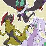  ^_^ claws closed_eyes closed_mouth commentary goodra green_eyes grid_background haxorus kelvin-trainerk no_humans noivern open_mouth outline pokemon pokemon_(creature) smile tongue 