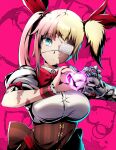  1girl asymmetrical_hair blonde_hair blue_eyes bow bowtie burn_scar cyborg dress_shirt eyebrows_visible_through_hair eyepatch hair_ribbon helping-hand highres looking_at_viewer mechanical_arms medical_eyepatch metal_slug metal_slug_attack multicolored_hair pink_background pink_hair puffy_short_sleeves puffy_sleeves red_bow red_bowtie red_ribbon ribbon scar shirt short_sleeves single_mechanical_arm solo two-tone_hair upper_body vita_(metal_slug) white_shirt 