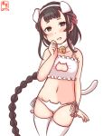  1girl animal_ears artist_logo bell black_hair bra braid brown_eyes cat_cutout cat_ear_panties cat_ears cat_lingerie cat_tail cleavage_cutout clothing_cutout commentary_request cowboy_shot dated flat_chest frilled_bra frills gradient_hair jingle_bell kanon_(kurogane_knights) kantai_collection long_hair meme_attire multicolored_hair neck_bell one-hour_drawing_challenge panties paw_print side-tie_panties single_braid solo standing tail thigh_gap thighhighs underwear underwear_only white_background white_bra white_legwear white_panties yamashio_maru_(kancolle) 