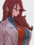  1girl android_21 black-framed_eyewear blue_eyes breasts checkered_clothes checkered_dress closed_mouth dragon_ball dragon_ball_fighterz dress earrings glasses grey_background hoop_earrings jewelry kemachiku labcoat large_breasts long_hair looking_away looking_to_the_side red_hair simple_background solo upper_body 
