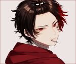  1boy bird_hair_ornament brown_hair candy eating food hair_ornament highres hizen_tadahiro looking_at_viewer male_focus red_eyes red_hair simple_background touken_ranbu yamada_chickenko 