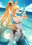  1girl :q absurdres animal_ear_fluff animal_ears arknights ass bare_shoulders bikini black_bikini black_bow blemishine_(arknights) blonde_hair blue_sky bow breasts bubble_tea cleavage closed_mouth cup d._joko day detached_sleeves disposable_cup feet_out_of_frame from_behind hair_bow highres holding holding_cup horizon horse_ears horse_girl horse_tail large_breasts lipstick long_hair looking_at_viewer looking_back makeup mismatched_bikini ocean outdoors ponytail sarong short_sleeves sidelocks signature sky smile solo standing strapless strapless_bikini swimsuit tail tongue tongue_out very_long_hair water white_bikini 