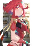  1girl bangs black_gloves breasts chest_jewel earrings fingerless_gloves gloves highres jewelry kyaro_(wanu_14) large_breasts pyra_(xenoblade) red_eyes red_hair red_shorts short_hair shorts solo swept_bangs tiara xenoblade_chronicles_(series) xenoblade_chronicles_2 