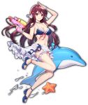  1girl animal artist_request bikini blue_footwear bow choker dolphin eyebrows_visible_through_hair finger_on_trigger game_cg hair_ornament holding holding_water_gun kujou_riu looking_at_viewer mahjong_soul navel official_art red_bow red_eyes red_hair simple_background smile solo starfish swimsuit third-party_source transparent_background water water_gun yostar 