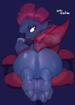  anthro anus big_butt butt chair fang_the_weavile fangs feet female furniture genitals looking_at_viewer looking_back nintendo office_chair pok&eacute;mon pok&eacute;mon_(species) pussy simple_background smile soles solo tail_tuft toe_curl toes tuft uromatsu video_games weavile 