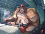  2022 anthro baloo belly big_belly biped bulge clothed clothing detailed_background disney hat headgear headwear hi_res humanoid_hands inside male mammal musclegut open_clothing open_shirt open_topwear overweight overweight_male shirt solo talespin topwear underwear ursid zorro_re 