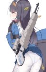  1girl absurdres ass back_hair black_hair blue_archive commentary gloves gun highres leaf long_hair looking_away miyu_(blue_archive) panties panties_under_pantyhose pantyhose red_eyes rifle rkwowlqrp simple_background sniper_rifle trash_can underwear weapon white_background 