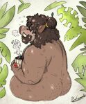  2022 anthro beverage blush brown_body butt coffee humanoid_hands male mammal mug overweight overweight_male pure_command sitting solo suid suina sus_(pig) wild_boar 