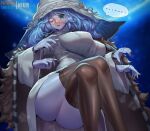  ... 1girl alternate_breast_size artist_name blue_eyes blue_hair blue_skin breasts brown_legwear cloak colored_skin crossed_legs elden_ring extra_arms eyebrows_visible_through_hair fur_cloak hat large_breasts niur one_eye_closed open_mouth ranni_the_witch short_hair sitting solo spoken_ellipsis thighhighs white_headwear witch_hat 