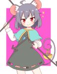  1girl ahoge animal_ears basket blush capelet dowsing_rod dress eyebrows_visible_through_hair grey_hair highres holding jewelry long_sleeves looking_at_viewer mouse_ears mouse_tail nazrin nihohohi purple_background red_eyes shirt short_hair simple_background smile solo standing tail touhou v-shaped_eyebrows 