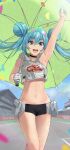  1girl absurdres aqua_eyes aqua_hair armpits bare_arms bare_legs black_choker breasts choker commentary confetti cowboy_shot double_bun eyebrows_visible_through_hair gloves green_umbrella hair_between_eyes half_gloves hand_up hatsune_miku highres holding holding_umbrella long_hair lower_teeth navel open_mouth pouch racing_miku_(2022) short_shorts shorts sleeveless solo sparkle teeth torn_flipper twintails umbrella upper_teeth vocaloid 