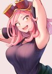  1girl :d arm_up armpits bangs black_gloves boku_no_hero_academia breasts chikuwa_savy gloves goggles goggles_on_head grey_background hatsume_mei highres large_breasts medium_hair pink_hair simple_background smile solo symbol-shaped_pupils teeth twitter_username upper_body upper_teeth watermark 