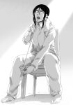  1girl barefoot can chair character_request drinking_straw feet full_body greyscale gun_fellatio_(shingeki_no_kyojin) hair_between_eyes haseru_(ginku_mh) holding holding_can long_hair looking_up monochrome open_mouth pants sanpaku scene_reference sitting solo toes 