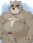  2022 absurd_res anthro balls belly big_belly black_nose blush censored cute_fangs erection eyewear genitals glasses hi_res humanoid_genitalia humanoid_hands humanoid_penis kemono male mammal moobs nipples overweight overweight_male penis solo ursid zuboboz 